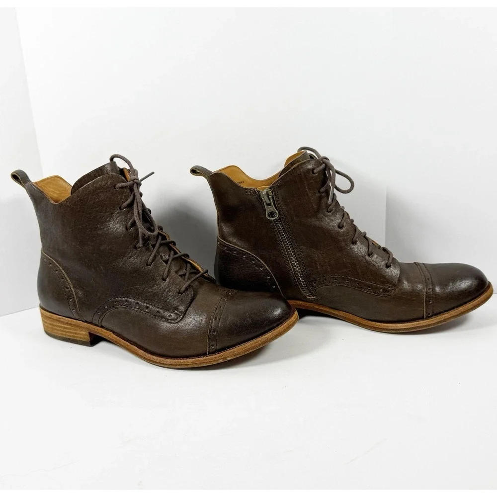 Kork-Ease Brown Leather Lace Up Ankle Boot Cap Toe Equestrian Zip Bootie 7.5